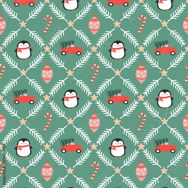 Fototapeta Christmas seamless pattern with penguins, red car, lollipop and Christmas tree balls on a green background with white pine branches.