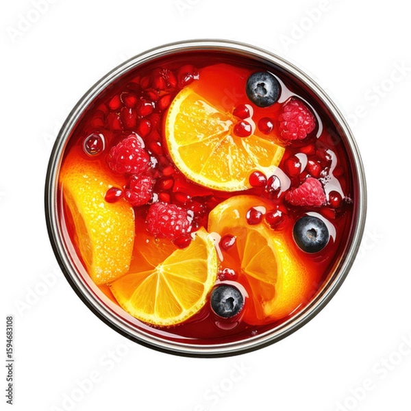 Fototapeta Refreshing Fruit Bowl with Citrus, Berries, and Pomegranate in a Vibrant Red Syrup Setting on transparent background