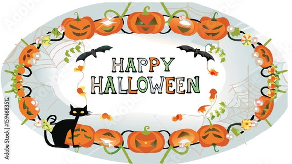 Obraz Oval frame with happy halloween message, pumpkins, bats, and a black cat in a festive design