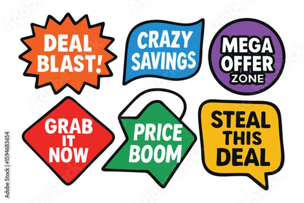 Fototapeta Vibrant retail sales promotion stickers showcasing various discounts and special offers for enticing shopping sprees.