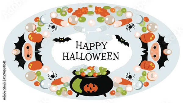 Obraz Happy halloween oval frame with bats cauldron candy corn pumpkins and spiders for halloween celebration