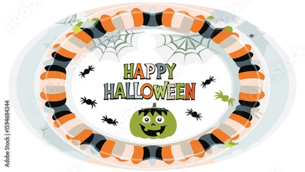 Obraz A festive halloween plate with a pumpkin, spiders, and the words happy halloween is displayed here