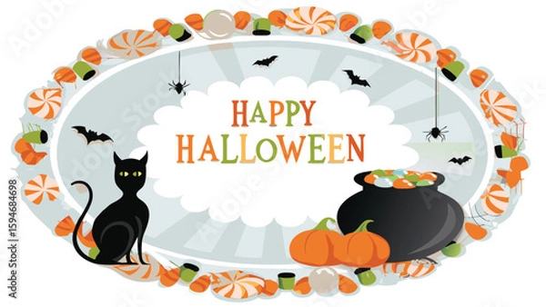 Obraz A happy halloween oval frame with a black cat, cauldron, pumpkins, and candy decorations