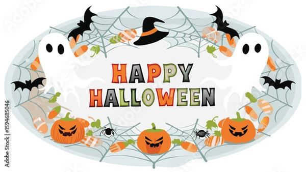 Obraz A festive halloween scene with ghosts pumpkins bats spiders and a happy halloween message displayed front