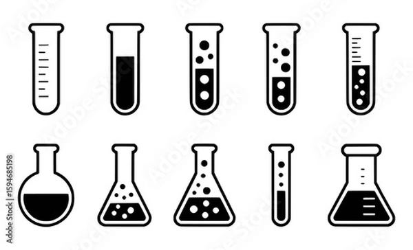 Fototapeta Black laboratory glassware with liquid and bubbles test tubes