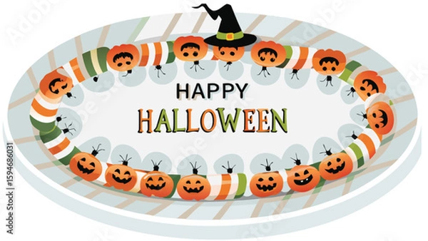 Obraz Happy halloween oval platter with pumpkins, candies, spiders and a witch hat decoration around it