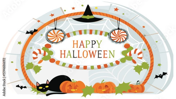 Obraz A festive halloween decoration with pumpkins, a black cat, and happy halloween message in the center