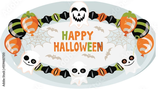 Obraz A festive halloween platter with ghosts, bats, balloons, and a happy halloween message on a white background