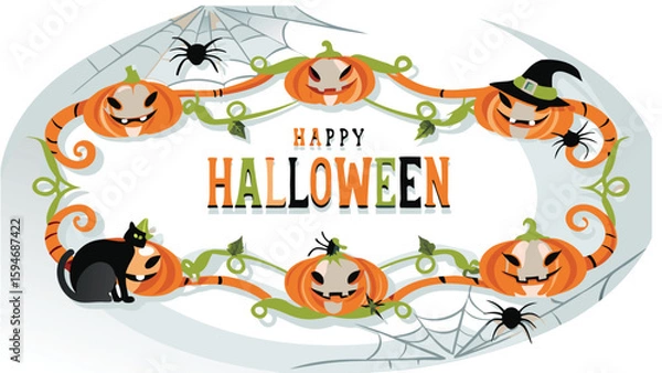 Obraz Happy halloween design with pumpkins, spiders, cat, and web forming a decorative border around text