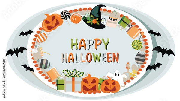 Obraz A festive happy halloween oval frame with pumpkins, bats, candy and gifts illustration