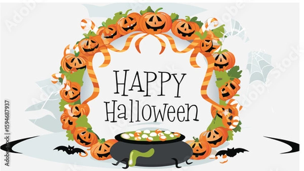 Obraz A happy halloween message surrounded by pumpkins, bats, and a cauldron with green slime