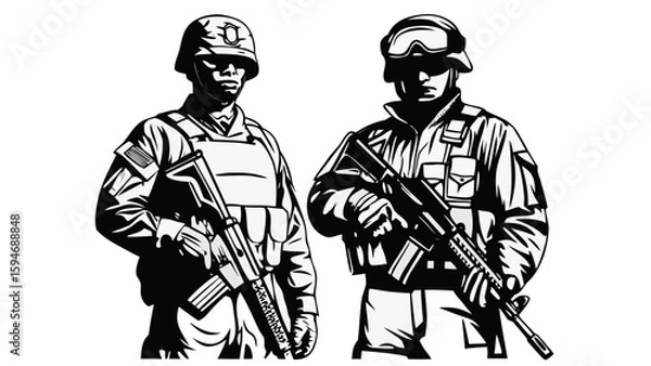 Fototapeta Soldiers and armed individuals stand holding rifles and swords, prepared for war and protection