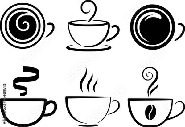 Fototapeta Various coffee cup designs with steam and coffee bean cups beverage