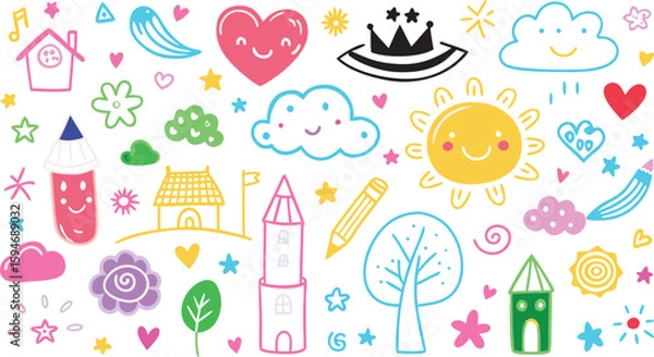 Fototapeta Cute colorful doodle icons set with hearts clouds sun house trees flowers and decorative elements vector illustration background