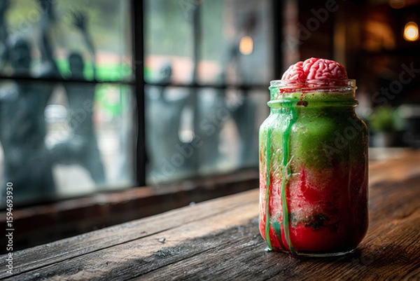 Fototapeta Colorful brain shaped smoothie in glass jar with green and red swirls, placed on rustic wooden table inside cozy cafe with large windows and warm lighting
