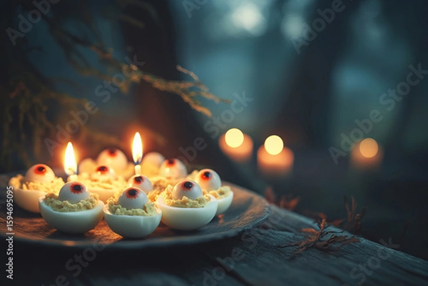 Fototapeta Spooky Halloween scene features small edible treats with eyeball decorations, lit candles, and dark forest background creating eerie atmosphere for Halloween celebration