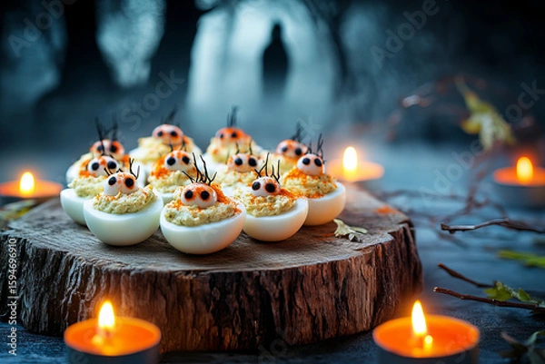 Fototapeta Spooky Halloween scene features deviled eggs decorated as creepy bugs with black eyes and antennae, arranged tree stump with flickering candles dark, misty forest setting, creating eerie