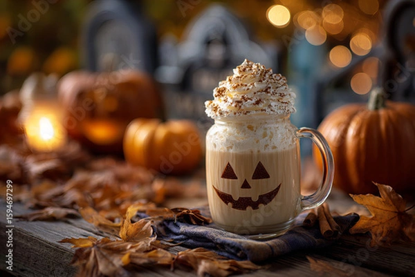 Fototapeta Festive pumpkin spice latte in glass mug with whipped cream and Halloween face design, surrounded by autumn leaves and pumpkins, creating cozy fall atmosphere with warm lighting and seasonal decor