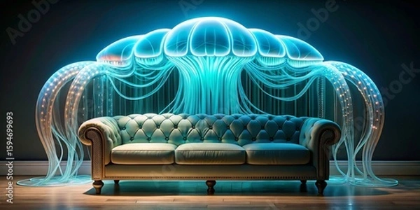Fototapeta Elegant Chesterfield Sofa Beneath a Luminescent Jellyfish Canopy in a Dark Room