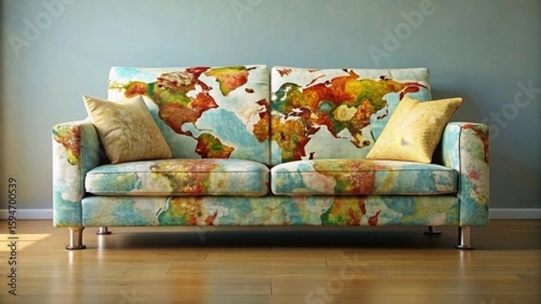 Fototapeta A Colorful World Map Upholstered Sofa with Decorative Throw Pillows in a Modern Living Room