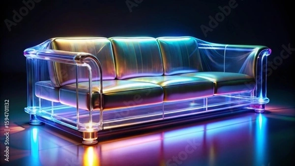Fototapeta Futuristic iridescent sofa with a transparent glass frame, illuminated by vibrant neon lights, reflecting on a glossy surface