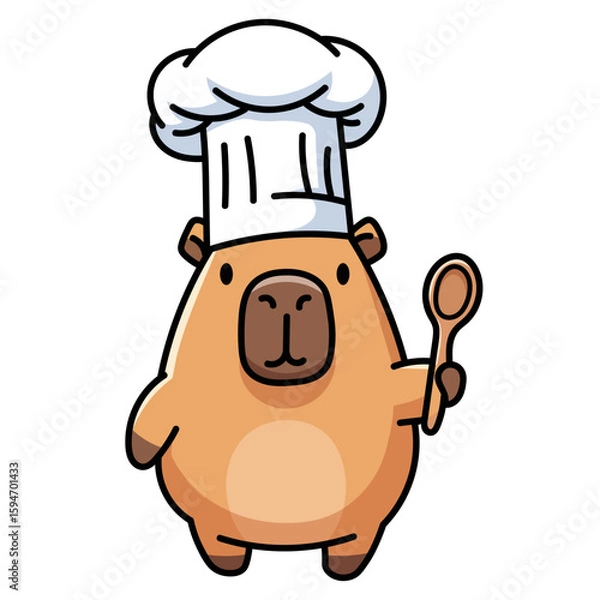 Obraz Cute capybara character dressed as a chef with a toque hat, holding a wooden spoon. Perfect mascot for a restaurant, cafe logo, cooking blog, or a food festival brand. Funny vector illustration