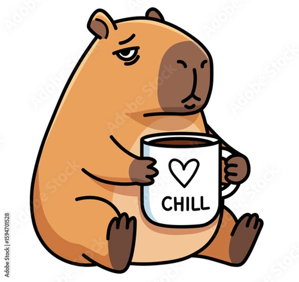 Fototapeta A tired and grumpy capybara character holding a mug that says "CHILL." Funny illustration about burnout, Monday mornings, and the need to relax. Perfect for office humor stickers and social media