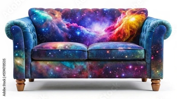 Fototapeta Celestial Comfort A Two-Seater Sofa with a Stunning Cosmic Tapestry Design Featuring Vibrant Nebulae and Starfields