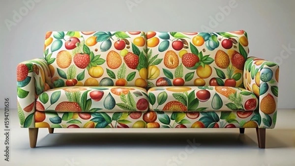 Fototapeta A Delightful Two-Seater Sofa with a Vibrant Fruit-Themed Upholstery, Perfect for Adding a Touch of Whimsical Elegance to Any Living Space