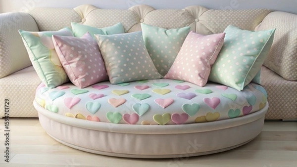 Fototapeta Pastel-colored heart-patterned round ottoman with a collection of charming polka dot pillows arranged on a tufted sofa