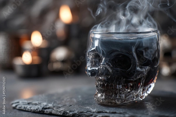 Fototapeta Glass skull shaped container filled with dark liquid and emitting smoke, placed on textured surface with blurred candle lights in background, creating mysterious and eerie atmosphere
