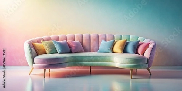 Fototapeta Pastel-hued curved sofa with colorful throw pillows rests against a softly-lit ombre wall in a minimalist interior scene