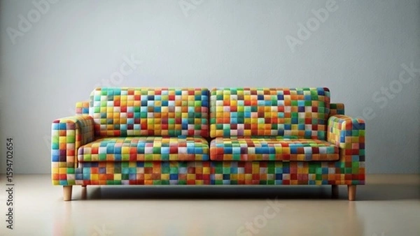 Fototapeta Vibrant Patchwork Sofa in a Modern Minimalist Setting, Ideal for Contemporary Living Spaces