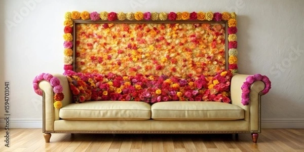Fototapeta Elegant cream sofa adorned with vibrant floral arrangement, a breathtaking centerpiece for any event