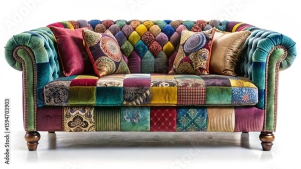 Fototapeta A vibrant patchwork loveseat, meticulously crafted with a multitude of richly colored velvet fabrics and adorned with plush decorative pillows, exudes eclectic elegance.