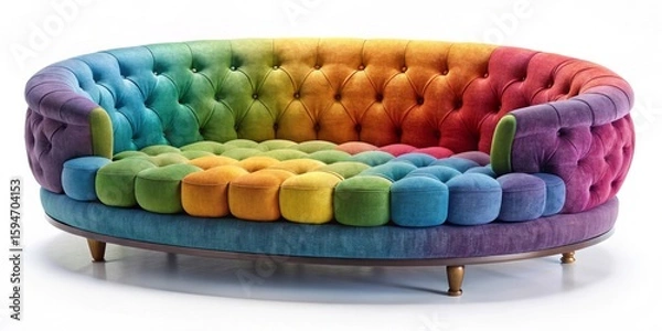 Fototapeta Rainbow Hues Oval Button Tufted Sofa with Multicolored Cushions and Wooden Legs
