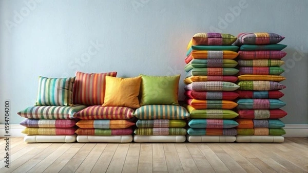 Fototapeta A vibrant arrangement of colorful striped and patterned pillows stacked and arranged as a cozy seating option against a light wall