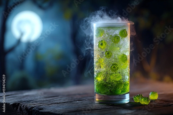 Fototapeta Tall glass filled with bubbling green liquid and floating green berries, emitting vapor, set on rustic wooden surface outdoors during evening, creating mysterious and intriguing atmosphere