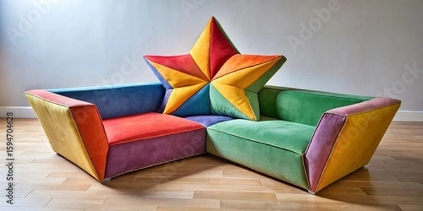 Fototapeta A vibrant multicolored sectional sofa with a whimsical star-shaped pillow, perfect for a playful and modern living space