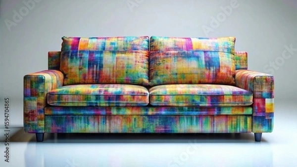 Fototapeta Vibrant multicolored couch with abstract patterned upholstery and plush cushions, ideal for modern living spaces