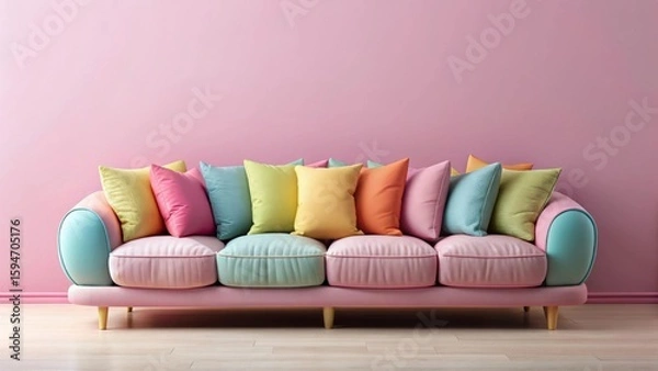 Fototapeta Pastel-colored sofa with multicolored cushions against a pink wall, perfect for a cheerful and vibrant living room