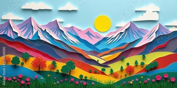 Fototapeta Intricate paper cut landscape, vibrant colors, layered mountains, sunlit meadow, whimsical style,  flora,  blue