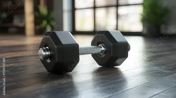 Obraz A black dumbbell on a wooden floor.