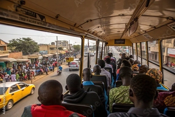 Fototapeta A crowded bus with people talking on their cell phonesA crowded bus with people talking on their cell phones. Scene is busy and chaotic