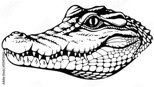 Fototapeta Large crocodile or alligator head, a dangerous green reptile predator, isolated on a white background with visible teeth and eye