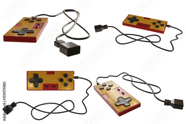 Obraz Retro gamepad with cable for old gaming consoles, isolated on transparent background. 3D render.