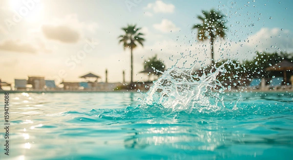 Obraz Splashing water in pool with palm trees and sunset in background  