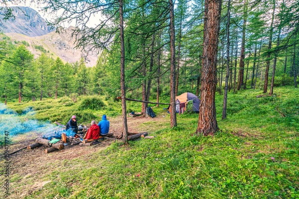 Fototapeta Family on the campsite. Embarking on a backcountry camping adventure with your family can be one of the experiences, blending nature’s beauty with quality lifetime together. 
