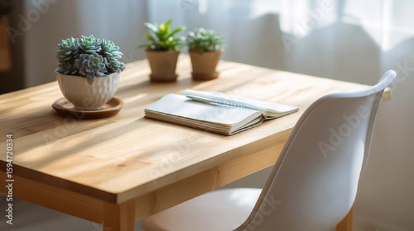 Fototapeta Serene Workspace: Minimalist Desk with Plants