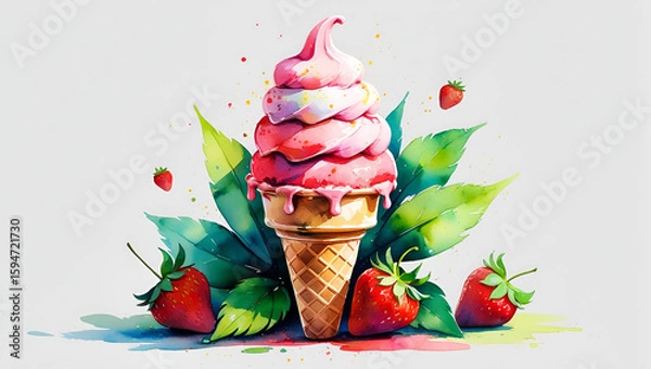 Fototapeta Delicious Three-Dimensional Ice Cream Splash with Waffle Cone, Creamy strawberry  Swirl, and Melting Chocolate – Refreshing Summer Dessert Concept

